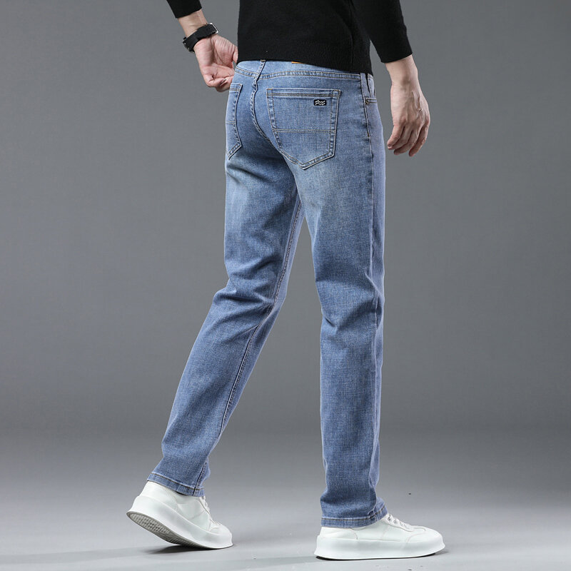 Stretch Straight Jeans Men's Summer Clothes Ultra-thin Soft Business Pants Classic Blue Gray Cotton Denim Trousers