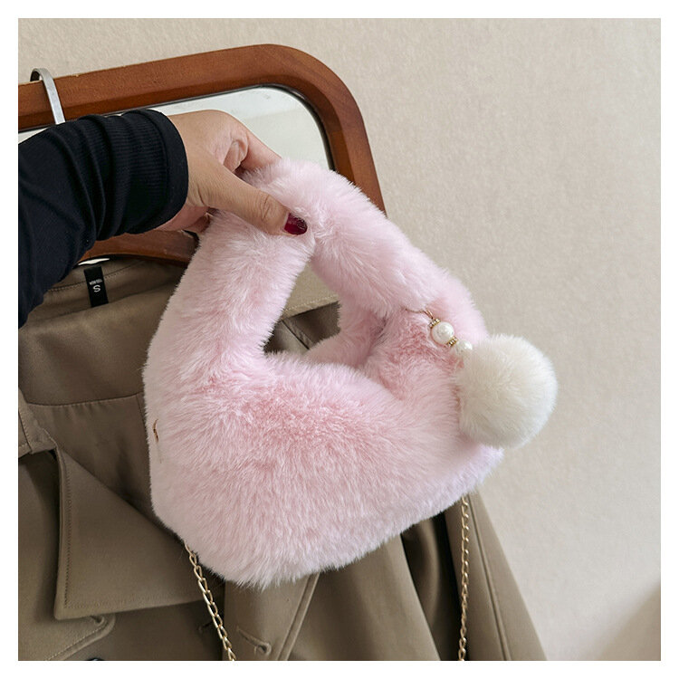 Plush Shoulder Bags For Women Fashion Fuzzy Crossbody Bag Solid Color Plush Handbag Autumn And Winter Female Tote Bag 2024