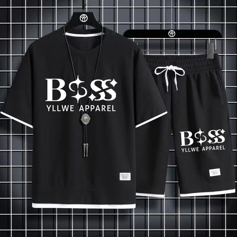 BSS YLLWE odzież męska dwuczęściowy zestaw tkanina lniana luźna koszulka i zestaw szortów męski strój sportowy dres z krótkim rękawem