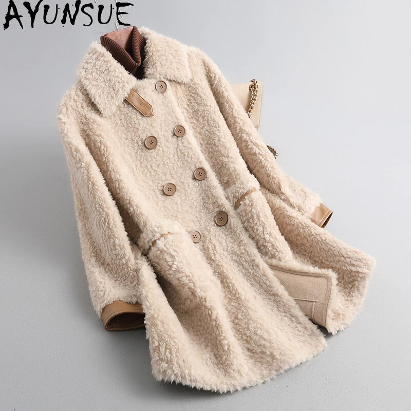 AYUNSUE-معطف صوف نسائي ، جاكيت قص الأغنام الحبيبي ، ملابس متوسطة الطول ، ياقة قائمة ، شتاء وخريف ، صوفي