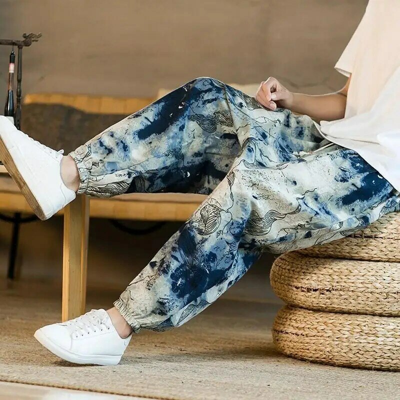 Celana panjang Motif Bohemia pria celana kasual Harajuku Jepang celana panjang Linen katun gaya Tiongkok celana besar Fashion Nepal