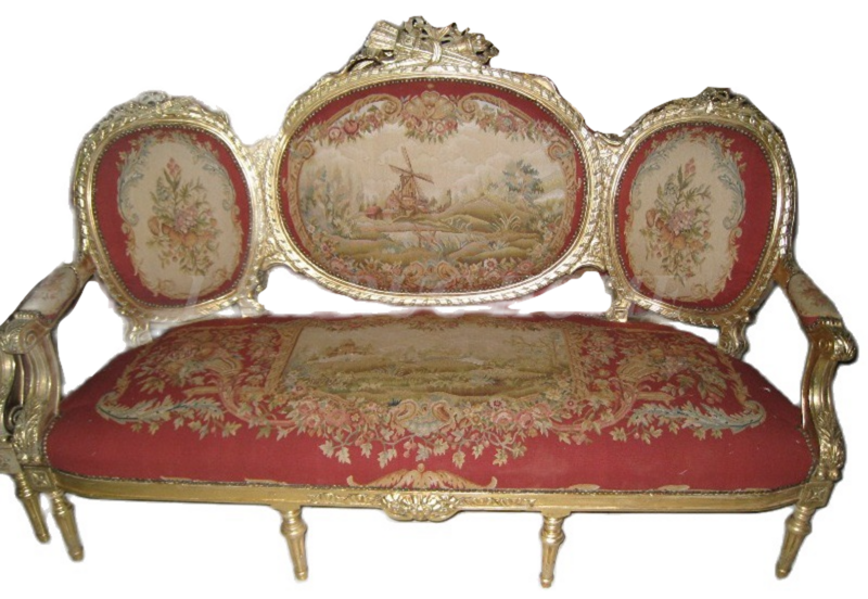 Antigo conjunto de sofá e cadeiras, mobiliário antigo da sala de estar artesanal, capa de sofá aubusson, material de lã escultura artificial