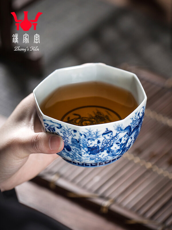 Zhongjia-Tasse octogonale en céramique peinte à la main pour garçon, tasse de maître Kung Fu, thé Jingdezhen Chai Kiln, bleu et blanc