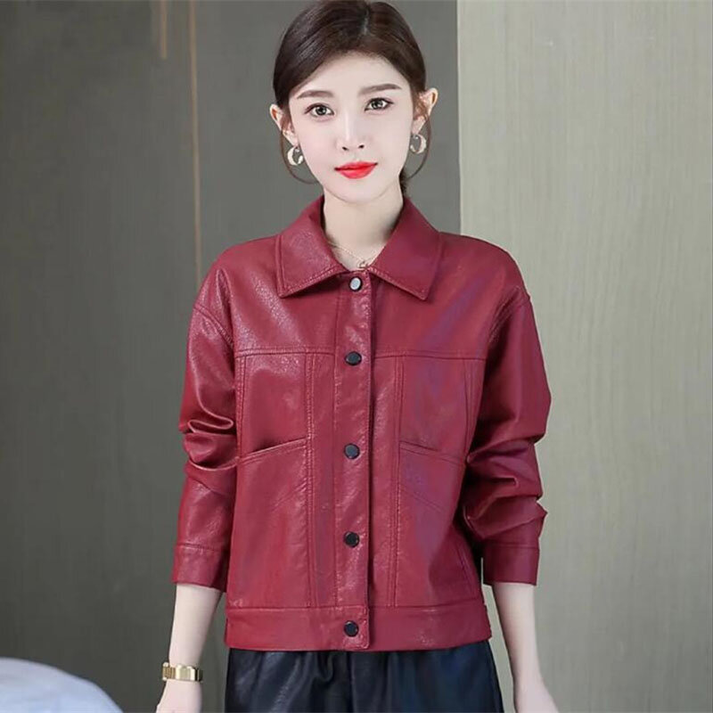 2023 Spring Autumn New Leather Coat Women's Motorcycle Jacket Washed Skin Korean Style Short PU Leather Outerwear Female Tops