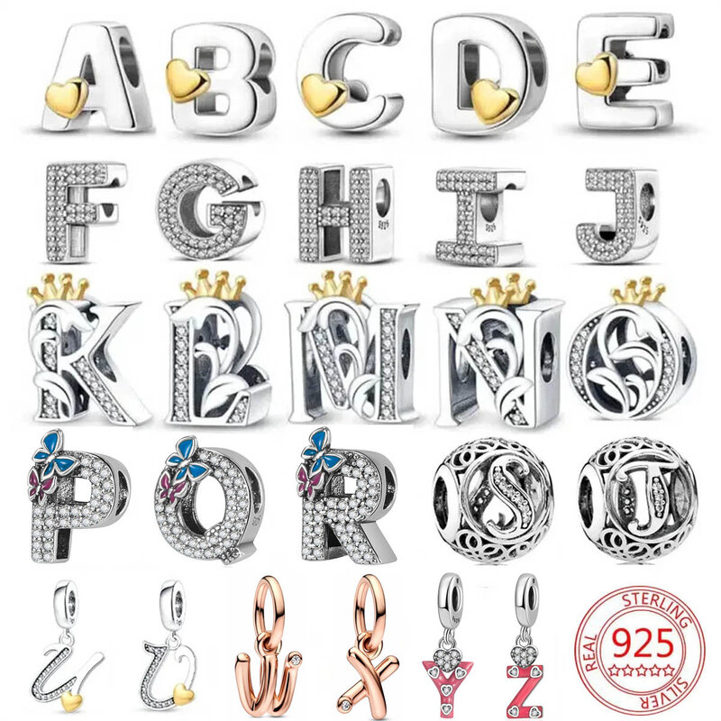 Серебро 925 пробы, 26 букв, искусственный алфавит, бусины, шарм, подходят для оригинального браслета Pandora, Аксессуары для браслета, DIY ювелирные изделия для женщин