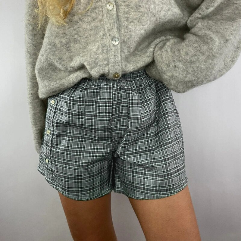 Shorts de lounge feminino casual elástico de cintura alta, shorts de botão lateral, xadrez listrado estampado, calça vintage retrô, solta, Y2K