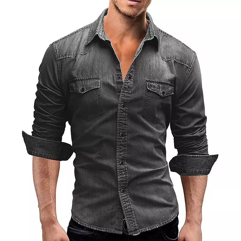 Camisa jeans vintage de manga comprida masculina, lapela sólida, moda casual fina, camisa de algodão lavada, tops ocidentais de cowboy