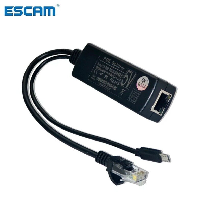 ESCAM-Divisor POE activo para Raspberry Pi CCTV, enchufe Micro USB, potencia antiinterferencias sobre Ethernet, 48V a 5V, 2.4A, 12W, 2.5KV