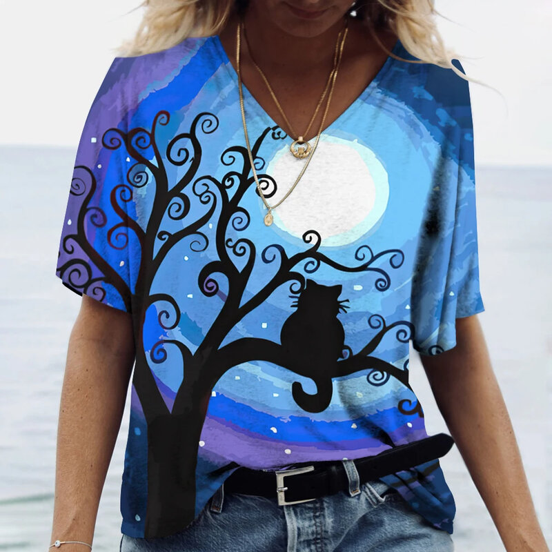 Nowa damska koszulka 3d nadruk z kotem grafika Kawaii odzież damska luźne dekolt z krótkim rękawem topy letnie na co dzień modne t-shirty