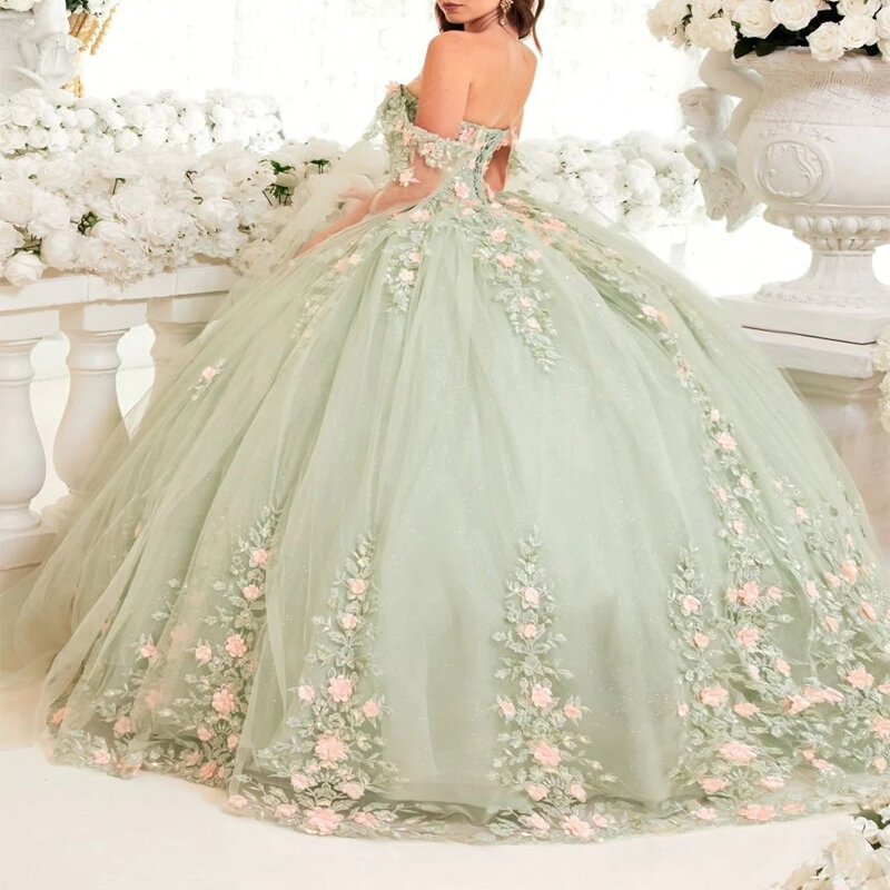 Salbei grün Prinzessin Ballkleid Quince anera Kleid 3d Blumen Applikation Spitze mit Umhang süß 16 Kleid Vestidos Geburtstags feier Kleid