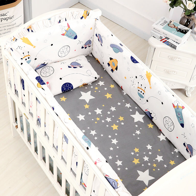 6pcs Universe Space Cotton Baby Bedding Set Kids Bedroom Decor Baby Girl Boy Crib Bed Linens includes Bed Bumper Bedsheet Pillow