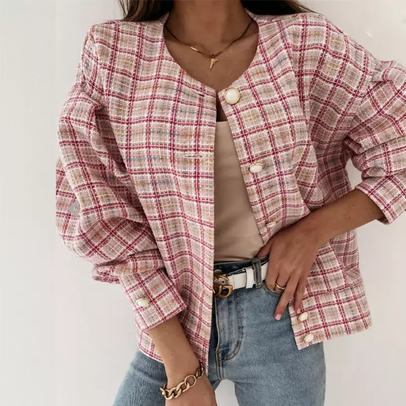 Casual Plaid Office Lady Cardigan Tops Jacket 2023 Women Fall Elegant Long Sleeve Coat Blazer Outerwear Single Breasted Button
