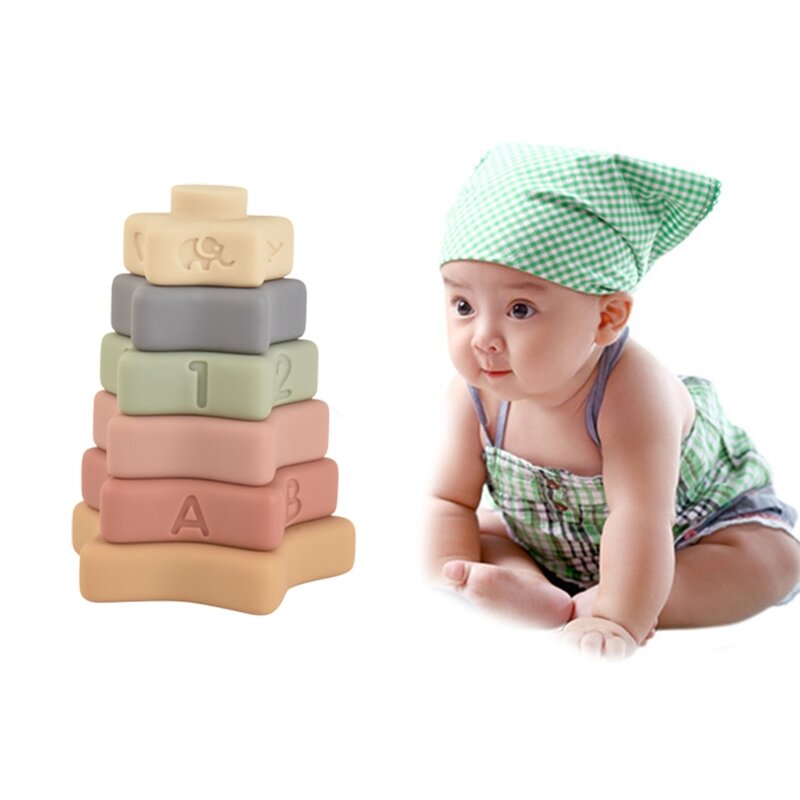 6 Lapisan Silikon Mainan Gigi Memasukkan Blok Susun Menara Bersarang Cincin Bayi 2 3 4 Montessori Squeeze Mainan Mandi Hadiah