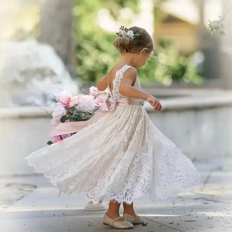 Flower Girl Dress avorio pizzo Backless Pink Belt Bow neonata festa di compleanno matrimonio prima comunione Holiday Dress