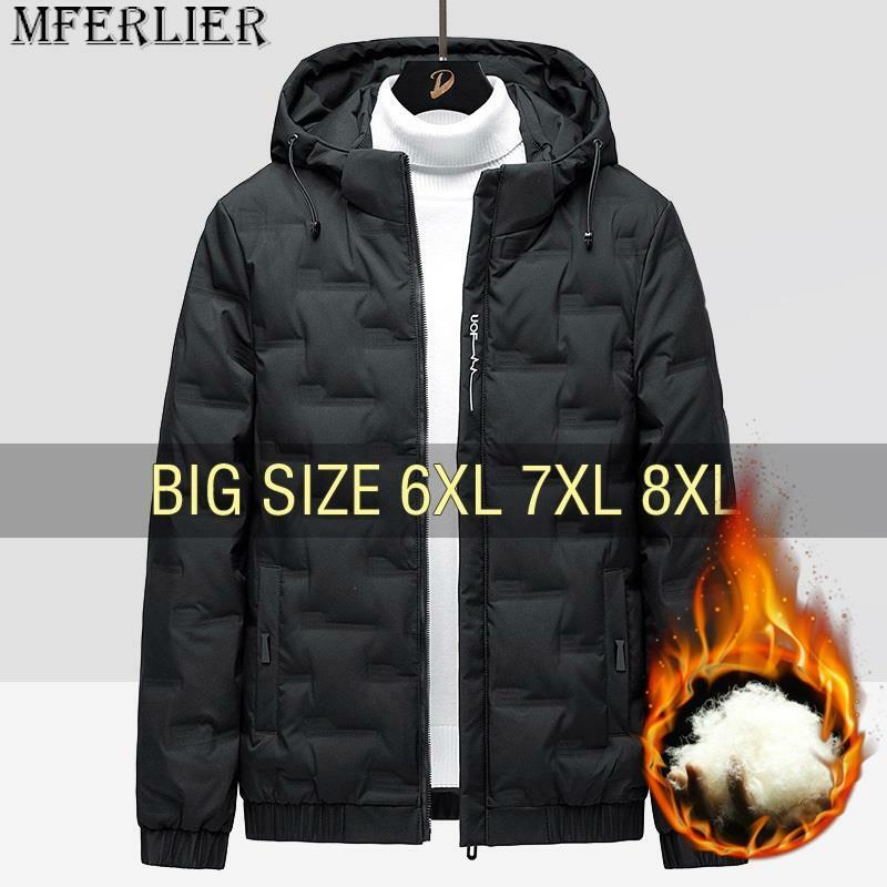 Зимние куртки, пуховик с капюшоном, ветрозащитная ткань, большие размеры 6XL 7XL 8XL 2023, черные теплые пальто, свободные мужские водонепроницаемые с подкладкой на молнии
