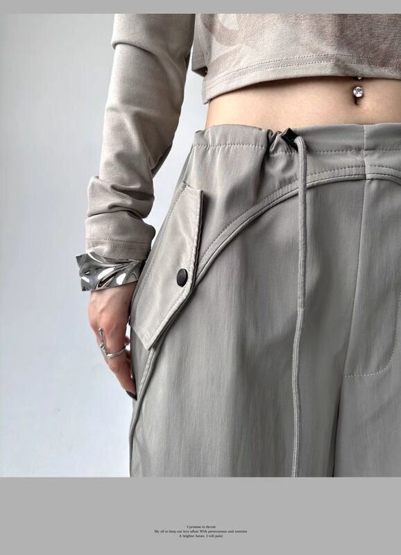 Calça de cintura alta para senhoras com cordão, calça reta de bolso, calça larga larga larga larga larga, moda de rua alta, lazer