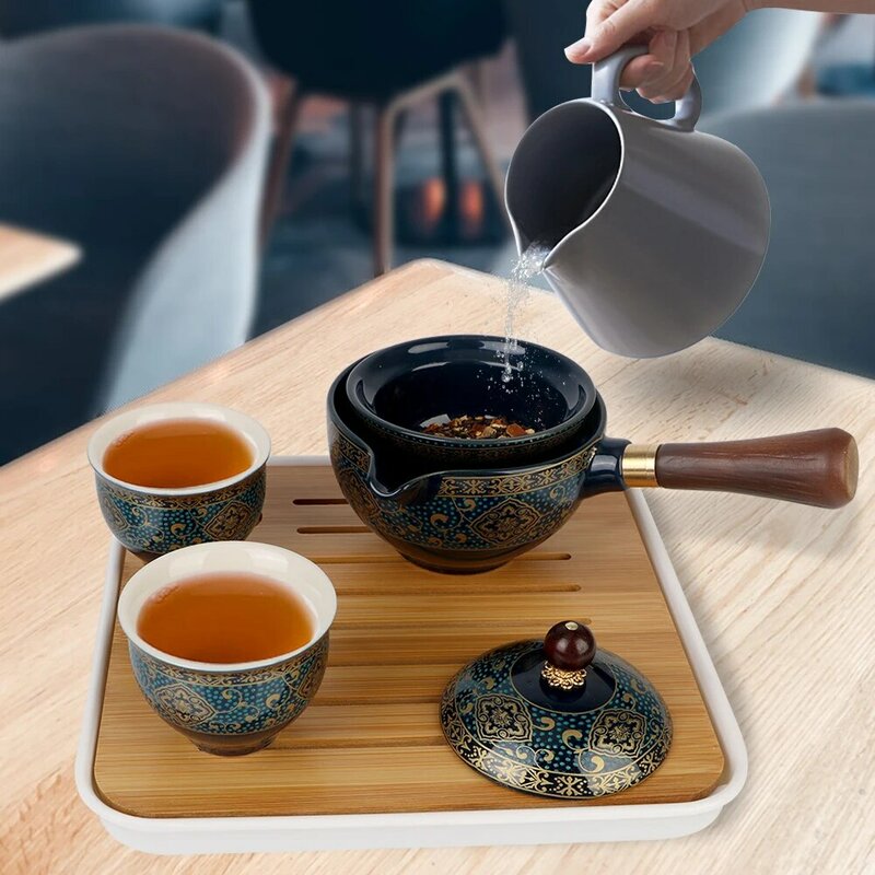 เครื่องชงชา360แบบหมุนได้ถ้วยชาเซรามิกสำหรับชงชาเครื่องเคลือบดินเผากังฟูจีนดอกไม้รูปทรงสวยงาม