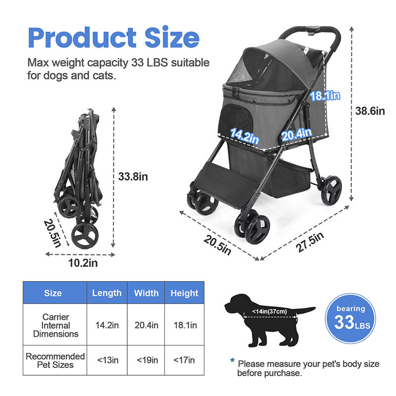 Коляска для собак, коляска для домашних животных 3-в-1 с 4 колесами для путешествий, прогулочная коляска для щенков, складная коляска для собак с тормозами