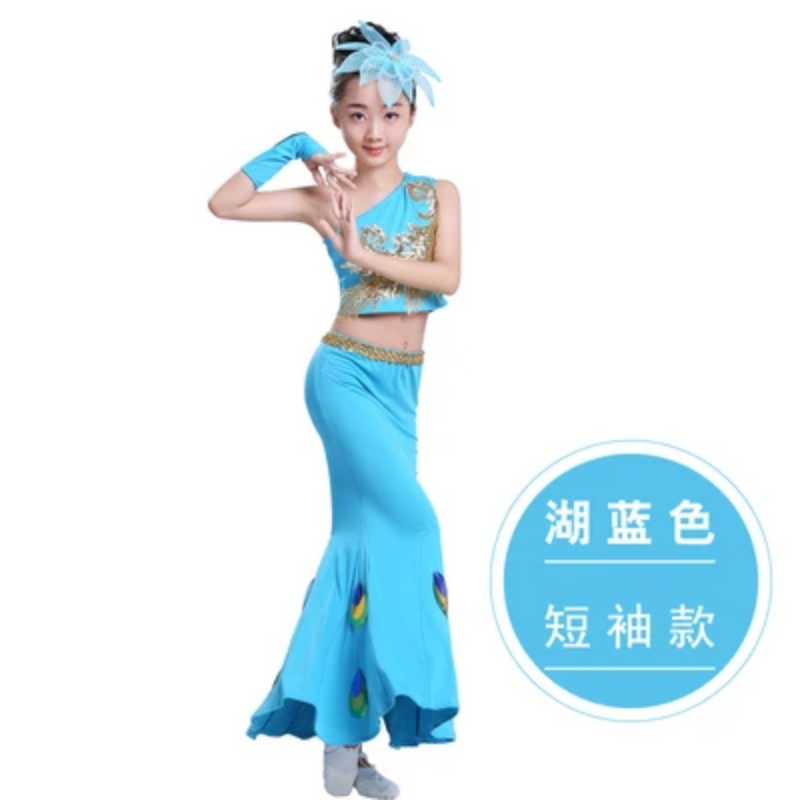 Yi Kinder kleidung Pfau Tanz Mädchen Kinder Leistung Bauchtanz Kleidung Fischschwanz Rock Kostüme tb190214