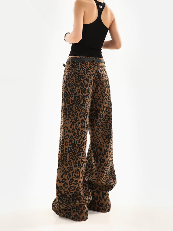 Damen Retro Leoparden muster Straight Jeans Streetwear Jeans hose Vintage Damen hose Street Style Baggy Hose mit weitem Bein
