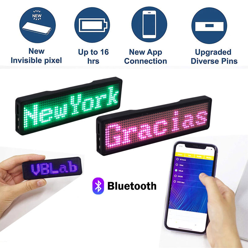 Mini Recarregável Bluetooth Digital LED Badge, Mensagem de Rolagem Programável DIY, Módulo Name Tag, Suporte 15 Idiomas
