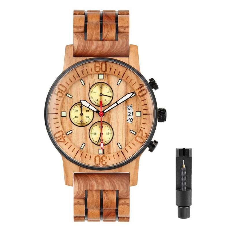 Drewniane zegarki męskie, japoński kwarc ze stali nierdzewnej i drewniany zegarek oliwkowy analogowy chronograf kalendarz ze świecącymi dłońmi