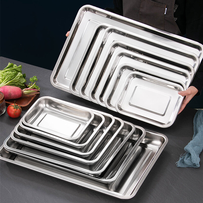 Stainless Steel Kitchen Storage Trays Food Shallow Rectangular Barbecue Fruit Plate Pastry Metal Steamed Dish Home Organizer