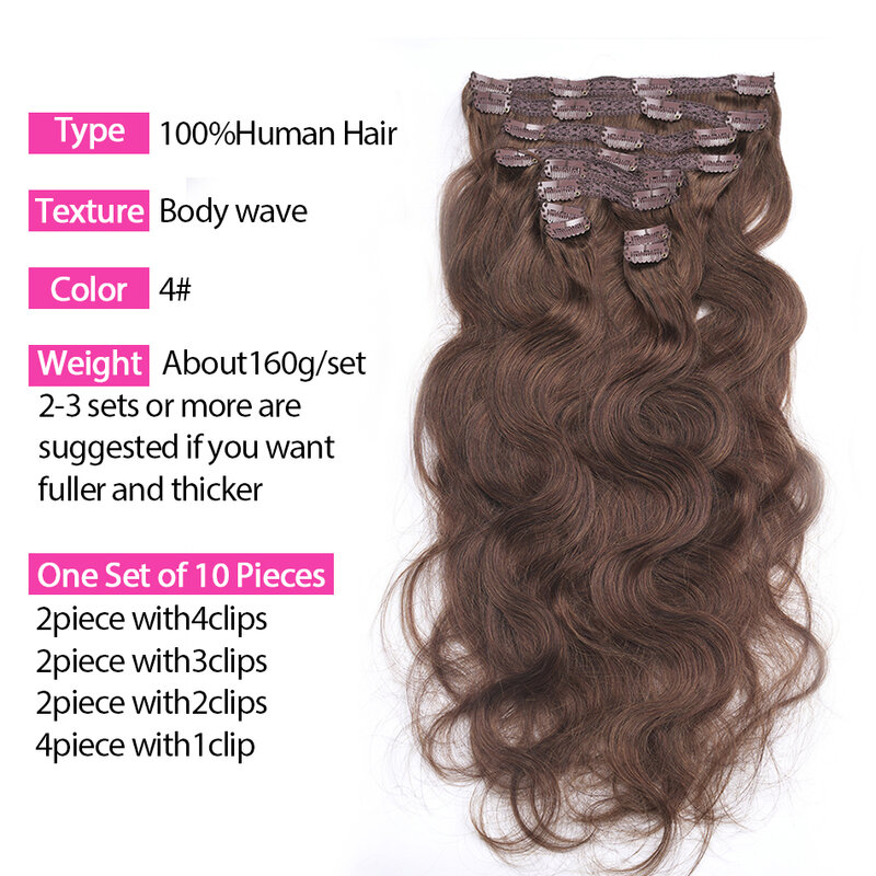 Extensions de cheveux humains à clipser pour femmes, vrais cheveux, naturel, droit, sans couture, 160 grammes, 14-28 ", 10 pièces
