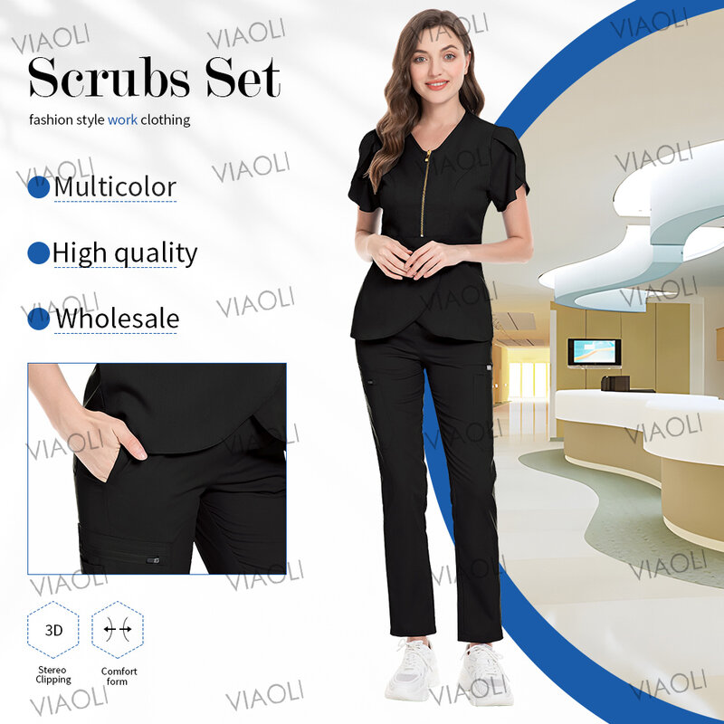 Pakaian kerja wanita, Scrub Set kecantikan Barber pakaian kerja seragam perawat medis Slim Fit pakaian rumah sakit gigi klinis pakaian aksesoris bedah