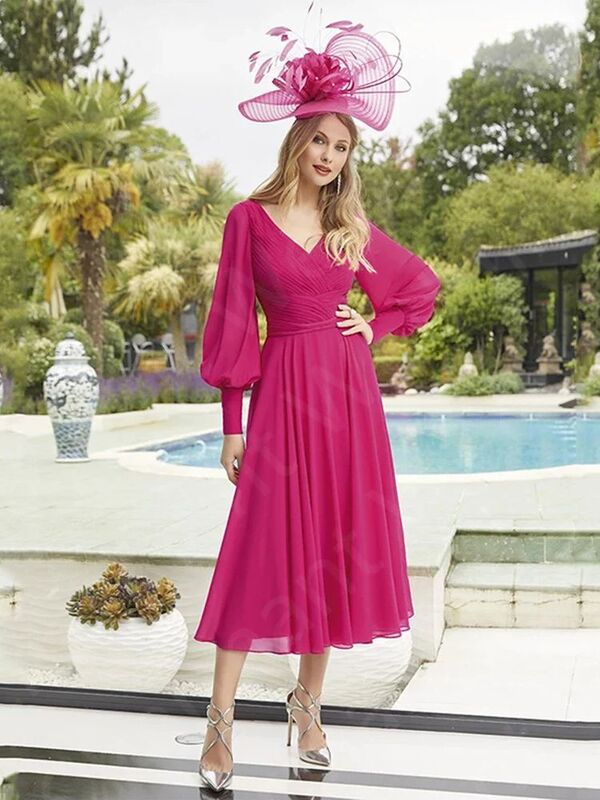 New Arrival Modern Mother of the Bride Dress Fuchsia Mid Calf Length  Dresses Long Sleeves Wedding Party Gowns V Neckline
