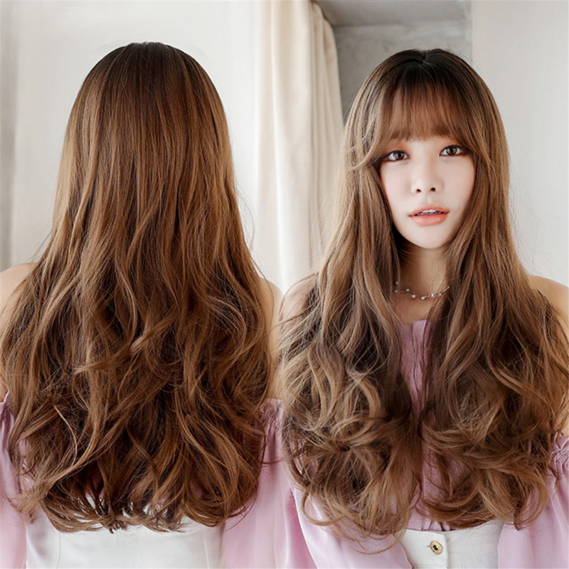 Wig Bob Bobo Wig with Bangs for Women, Natural Looking Long Bob Wig, Long Curly Wig for Daily Korea Versions Cold Brown