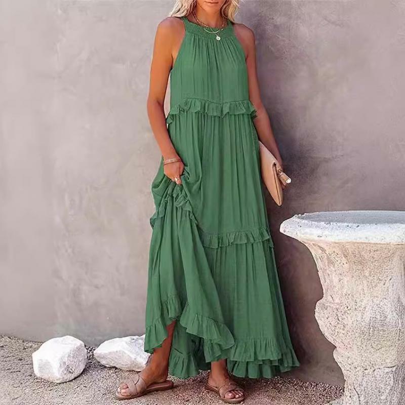 2024 Summer New Holiday Style Flanged Long Dress Ins Fashion Casual Large Group Of Floating Beach Dress Women Summer Slip Dress