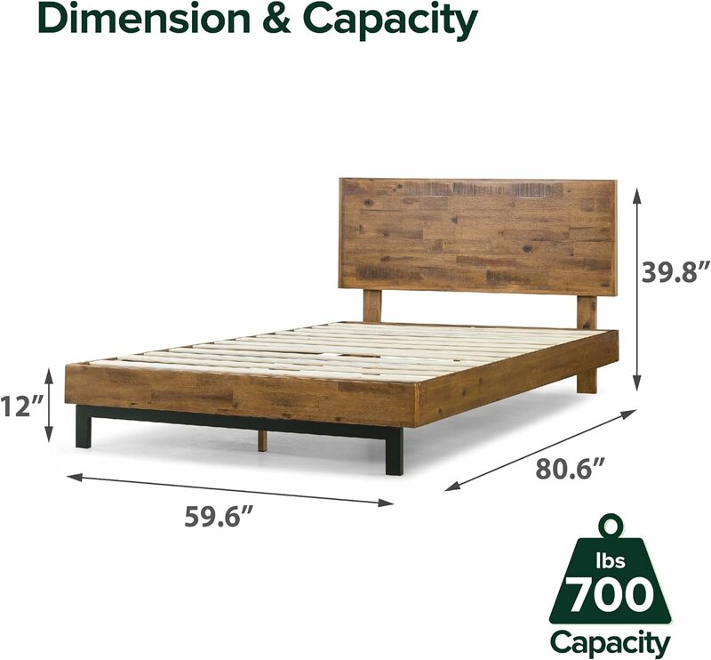 ZINUS Tricia drewniana rama łóżko z pełnymi bokami z regulowanym zagłówkiem/wspornik listew, bez sprężyny/łatwy montaż