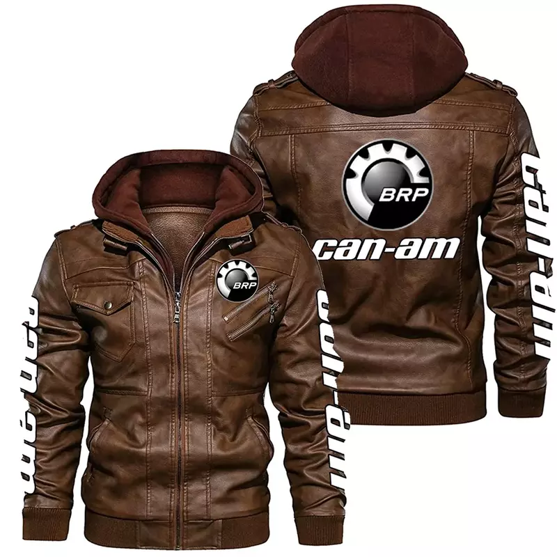 2023 New Winter men's euroversize Brp Can-am Logo Long Pu Leather Sleeve Zipper Hooded Jacket foderato in pile Fashion Keep Warm Coat