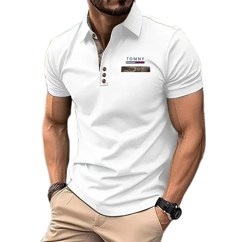 TOMNY-Polo masculino de botão para baixo com lapela, blusa esportiva respirável, moda verão, novo, 2024