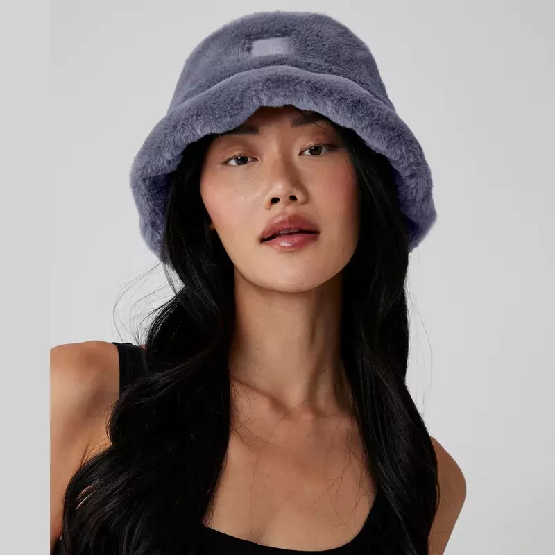 Chapéu de balde de peles artificiais feminino, LO Deusa Yoga Hat, monocromático, pele artificial, chapéu de pescador luxuoso, quente, moda inverno