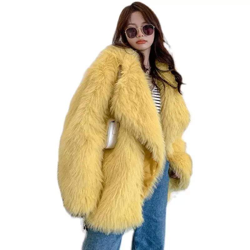 Jaket bulu imitasi untuk wanita, pakaian panjang sedang setelan kerah longgar jaring imitasi rubah mantel tebal hangat kardigan bulu