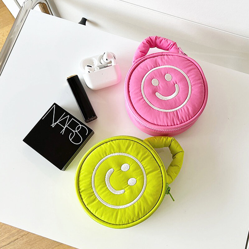 Cute Smile Face Cosmetic Bag para crianças, Zip Cosmetic Bag, Portable Travel Mini Storage Bags, Girls Casual Handbag, USB Earphone Storage Bags, Moda