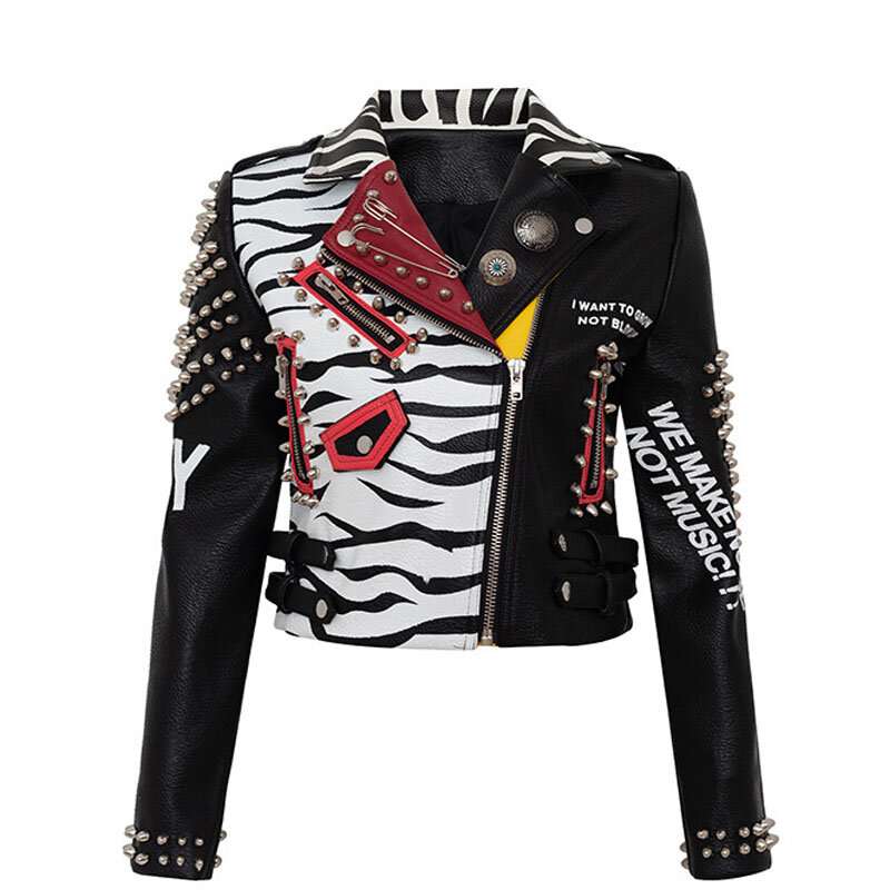 2024 nowych kobiet imprezowych modne płaszcze z nitem damska krótka kurtka motocyklowa wzór w cętki skórzana odzież Punk Rock