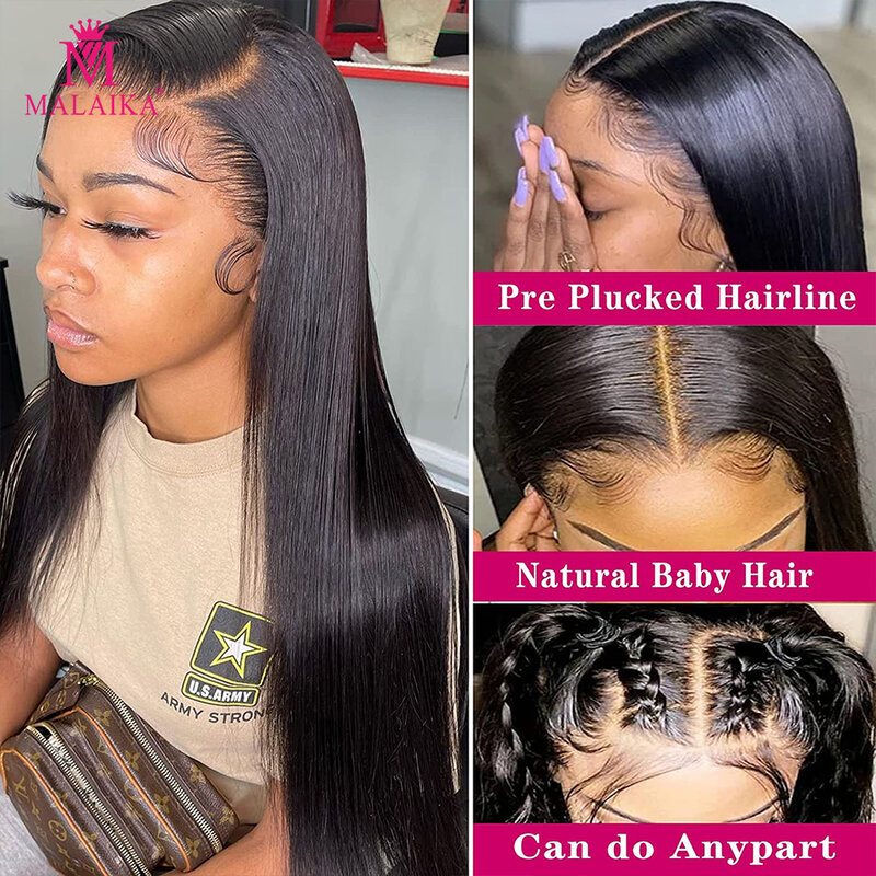 Peluca de cabello humano liso con encaje Frontal para mujeres negras, pelo Remy predespuntado, densidad de 250, 42, 48 pulgadas, 13x4, HD