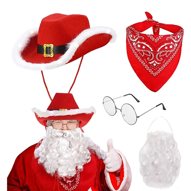 Santa Claus Cowboy Hat Cosplay Set, Fantasia de Natal, Cinto, Óculos Dourados, Barba, Luvas, 5 pcs