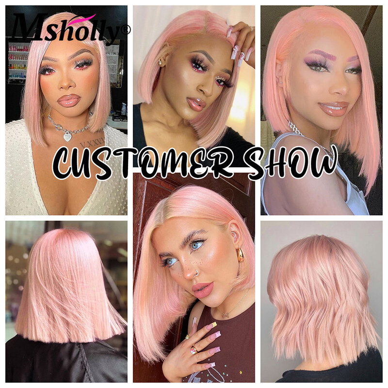 Peluca de cabello humano liso con encaje frontal transparente para mujer, pelo corto predespuntado con corte Bob, color rosa, 13x4, HD, Remy brasileño