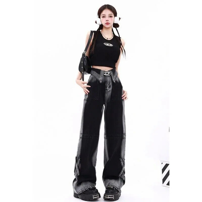 Deeptown-Jeans pretos largos vintage para mulheres, perna larga, calças jeans extragrandes, cintura alta Harajuku, calças coreanas, streetwear gótico, Y2k, anos 2000