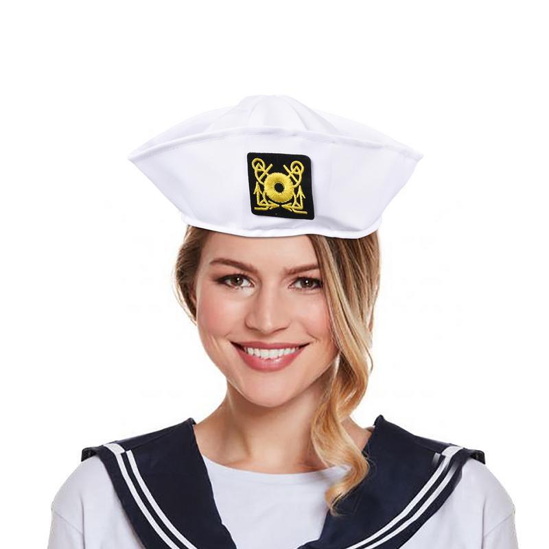 Sombrero de marinero azul marino con logotipo, accesorio de disfraz para adultos y niños, cómodo, blanco