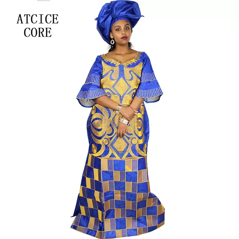 African Dresses For Woman Bazin Riche Computer Emboridery Plus Size Long Dress With Scarf