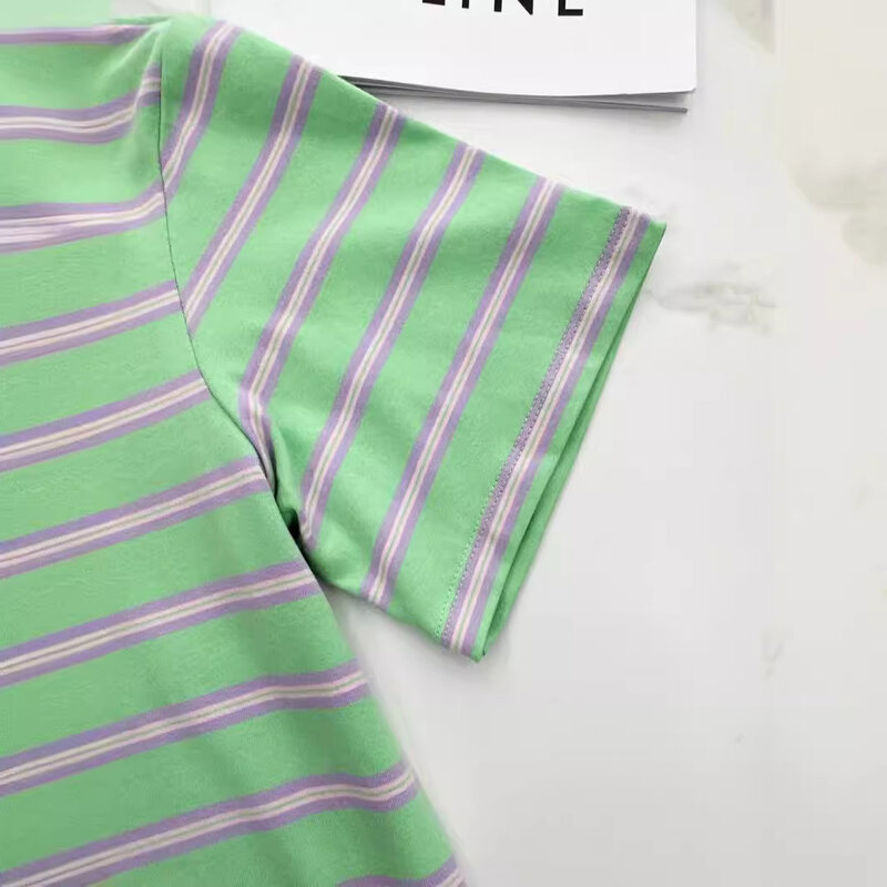 Camiseta de manga corta con cuello redondo a rayas para mujer, Camiseta holgada y versátil de diseñador, estilo extranjero, nueva moda de verano, 2024