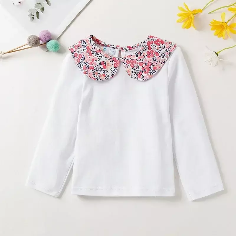 Белая блузка, Детская рубашка, футболки на весну и осень, футболка для маленьких девочек, топы, Детские рубашки, одежда с цветочным принтом и длинным рукавом для девочек