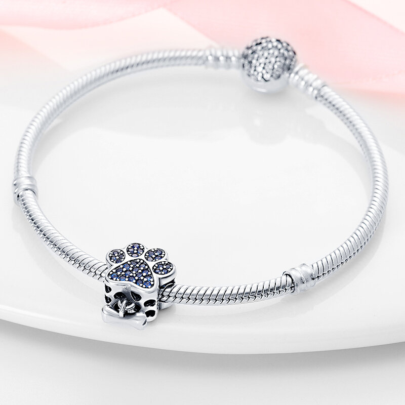 2024 Hot Sale Blue Zircon Dog Paw Pattern And Bones Charm Bead Fits Pandora Bracelet Women Silver Pendant Beads Jewelry Gift