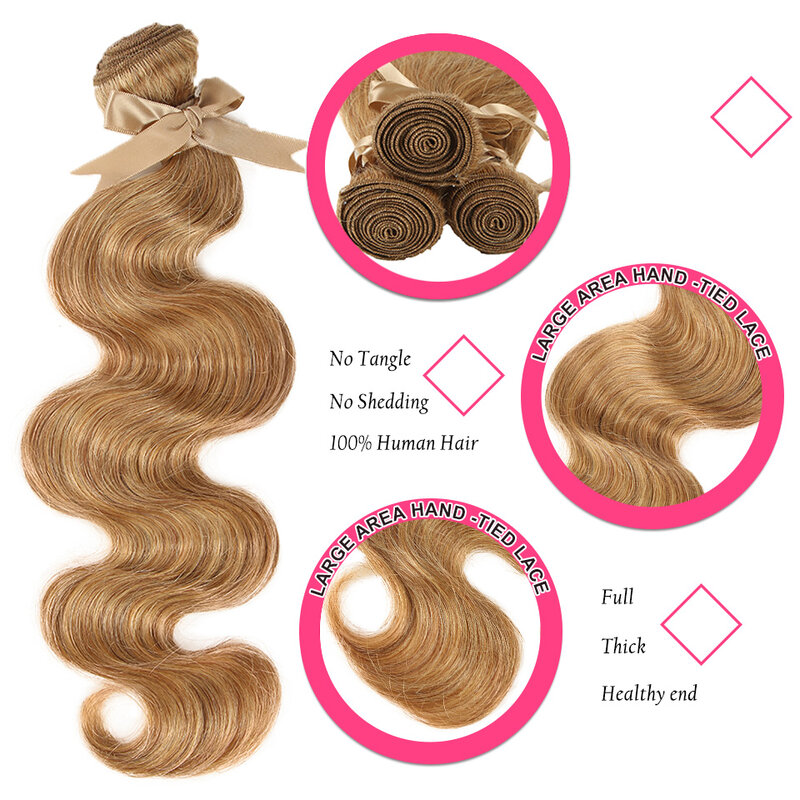 Brazilian Body Wave Hair Extensions, Remy Pacotes de Cabelo Humano, Honey Blonde, Ginger Blonde, 10 a 28 em, #27/30