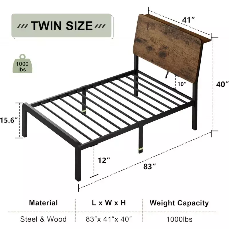 Feonase Twin Size Bed Frame with Ergonomic Storage Headboard & Charging Station, LED Platform Bed Frame, Heavy Duty Metal Sl